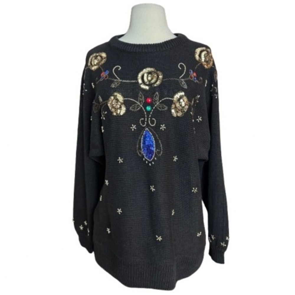 Vtg 90's Medium Ramie Cotton Black Knit Sweater Sequin Rhinestones maximalist
